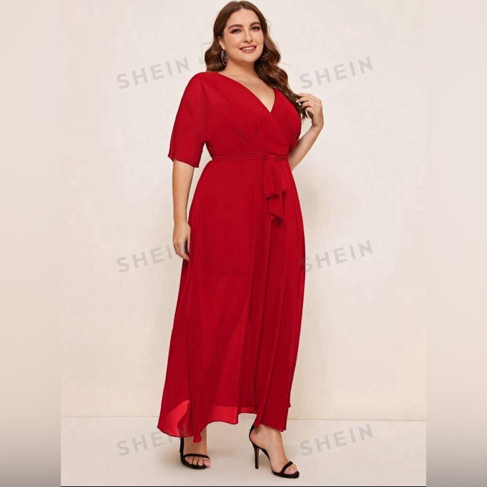 Like New SHEIN Belle Plus Batwing Sleeve Self Belted Wrap Bridesmaid Dress